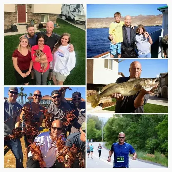 A collage showcasing Matt's personal life and hobbies. The images depict him in various activities: spending time with family, fishing, running in a marathon, and enjoying a gathering with friends holding lobsters. These snapshots highlight the rich and varied aspects of his life outside of work.