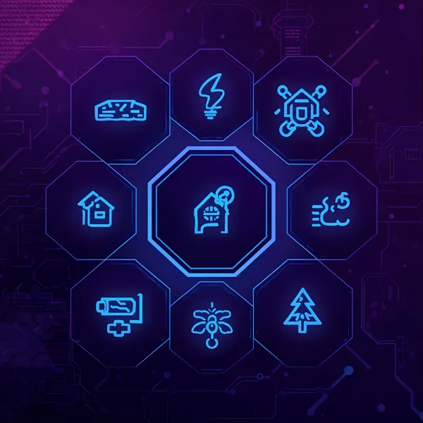 Neon-blue smart home icon set arranged in hexagons around a central hub on a purple futuristic circuit-board background.