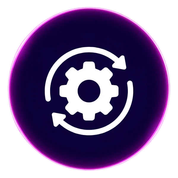 A purple circle with an icon in the middle that shows a gear with two arrows going around it