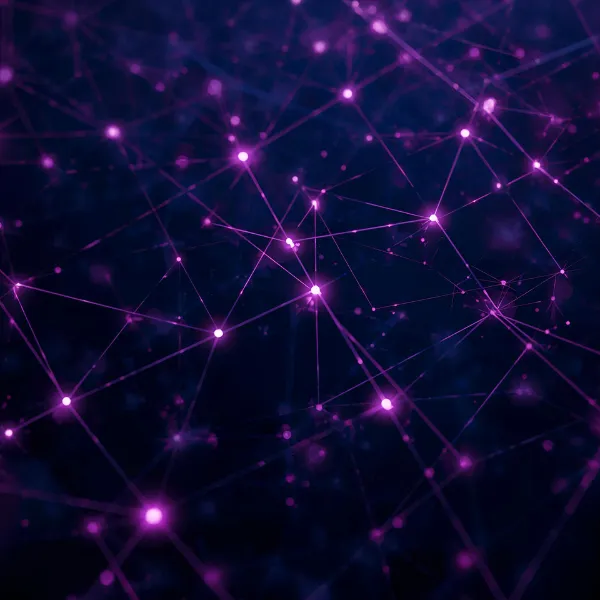 Abstract visualization of interconnected glowing purple nodes linked by fine lines, forming a dense digital network pattern over a dark background.