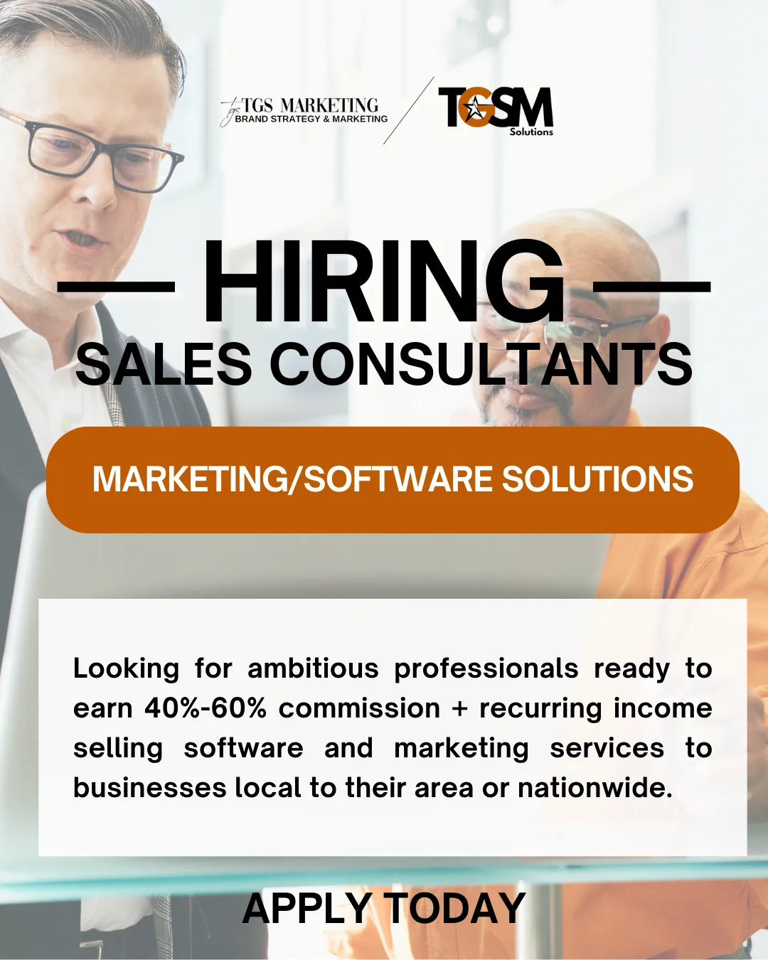 Join TGS Marketing as a remote sales consultant – earn recurring income selling Smart Websites and CRM to small businesses nationwide