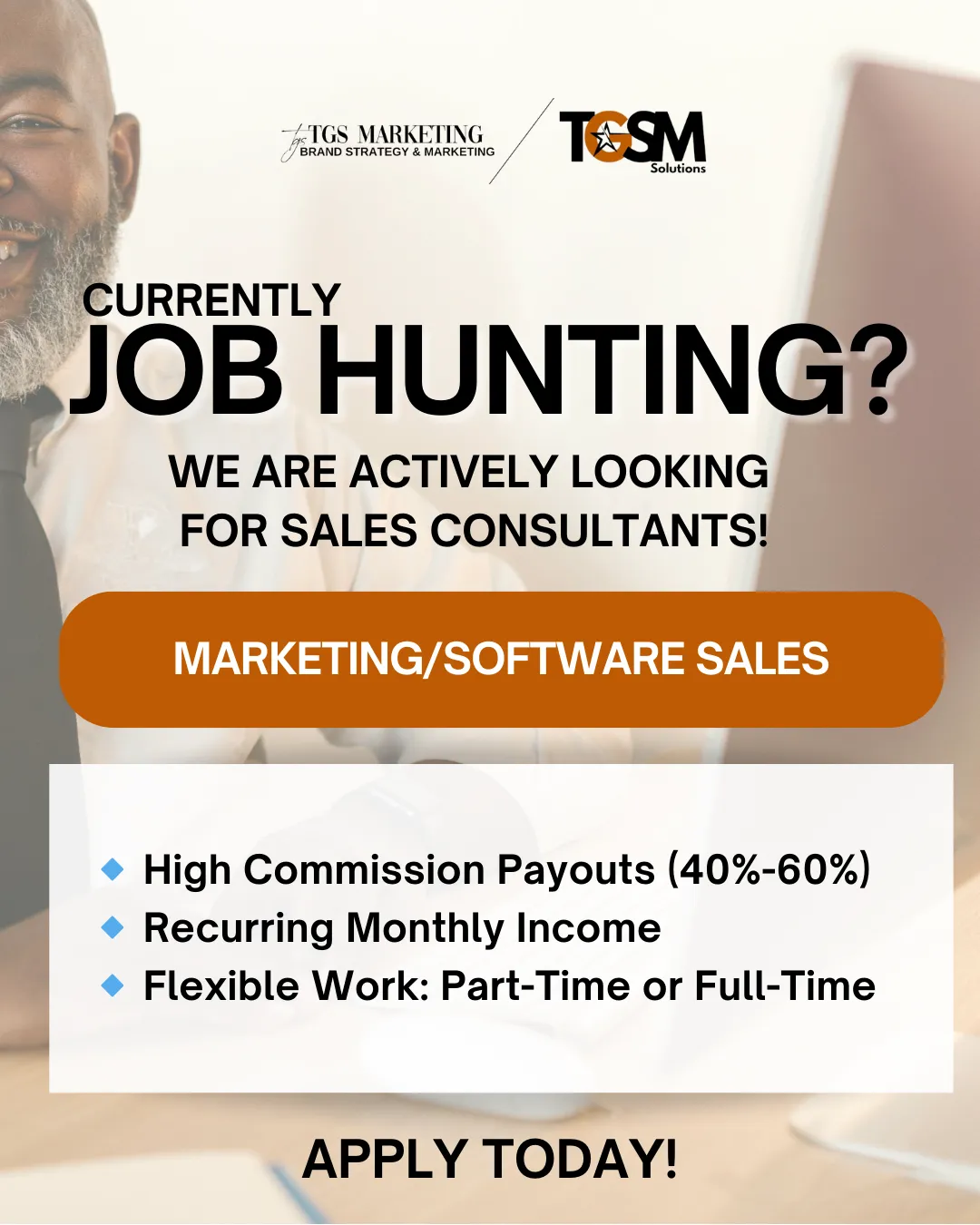 Now hiring TGSM Sales Consultants – earn monthly recurring income selling CRM and Smart Website solutions for TGS Marketing