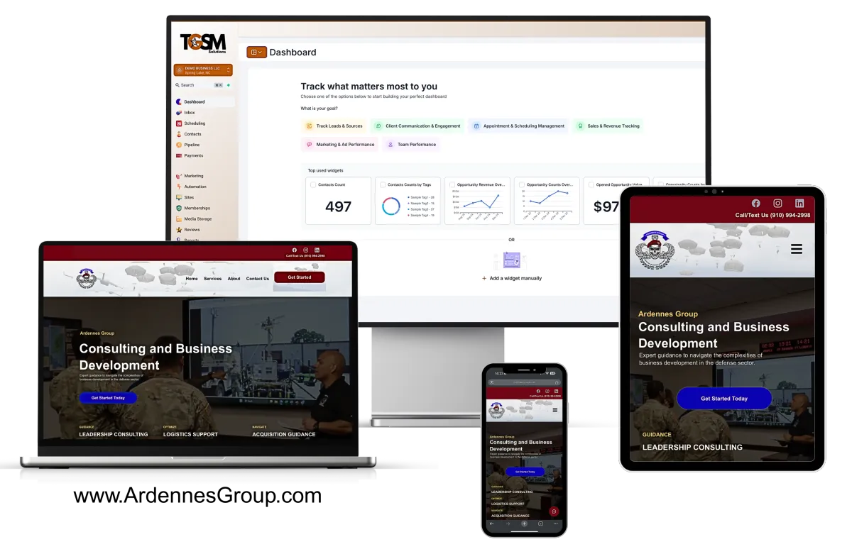 Veteran-led consulting firm Ardennes Group Smart Website by TGSM Solutions – built with CRM tools to support logistics, government contracting, and leadership consulting