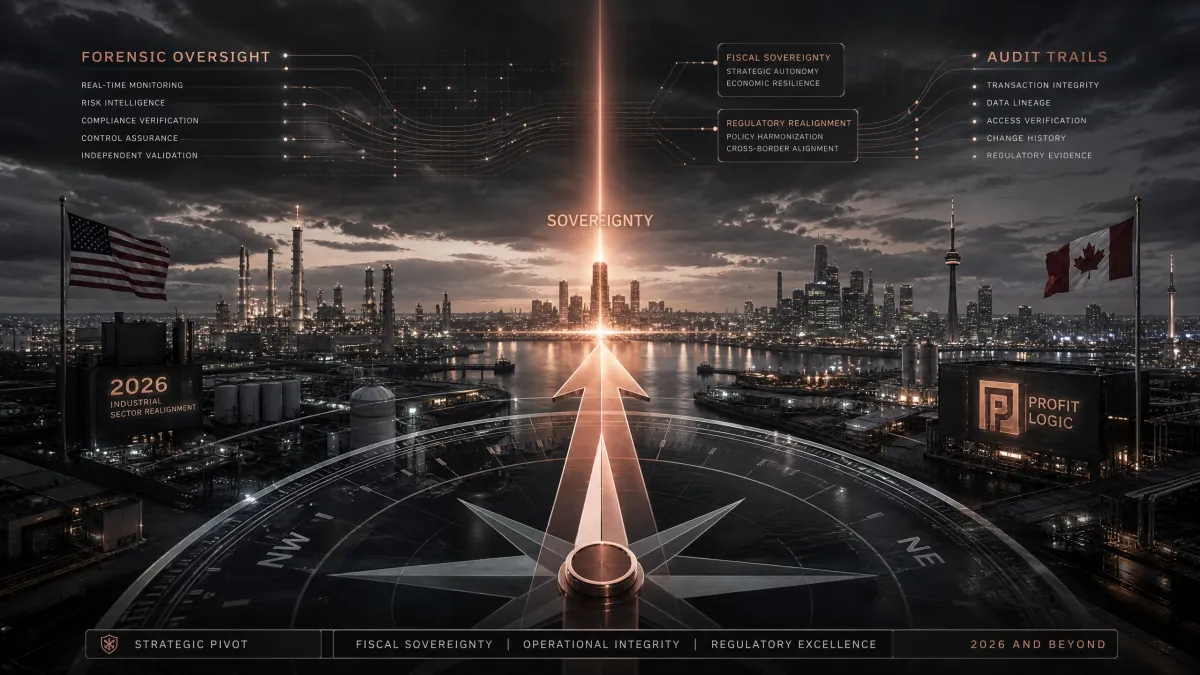 A cinematic visualization of the 2026 North American industrial landscape focusing on strategic fiscal sovereignty and regulatory realignment.