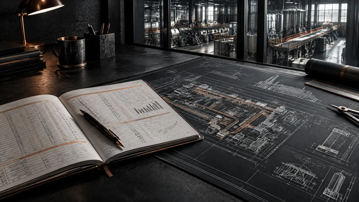 Executive desk with financial documents oversight overlooking a modern manufacturing facility.