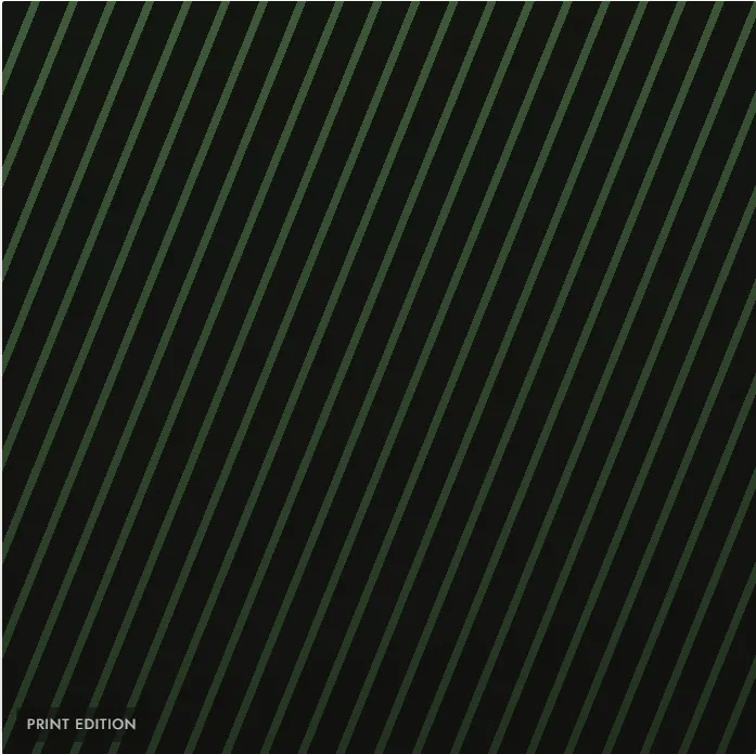 Abstract artwork featuring diagonal dark green stripes on a black background - Print edition