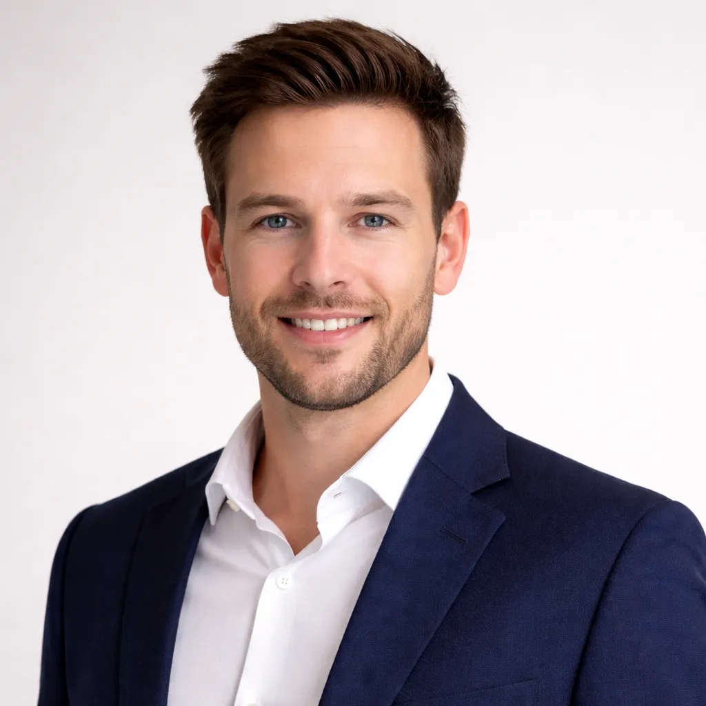 Portret van een professionele leidinggevende in een nette werkoutfit, gefotografeerd tegen een neutrale achtergrond. De uitstraling is deskundig, betrouwbaar en benaderbaar, zonder afleiding van accessoires of omgeving.