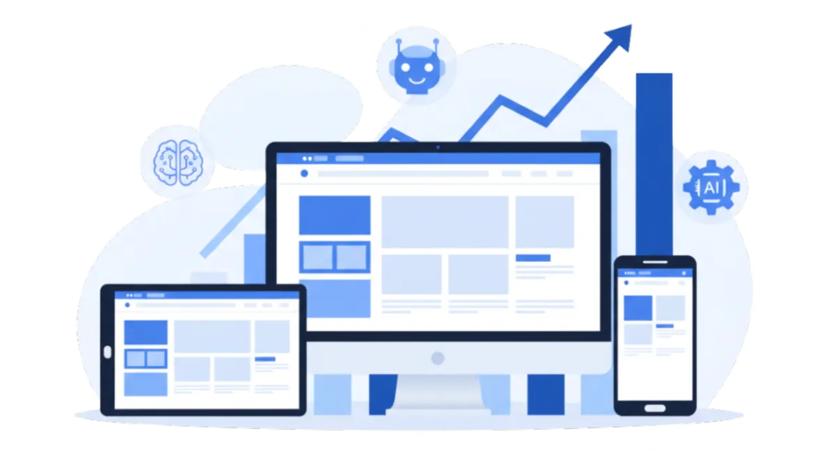 Illustratie van een AI-geoptimaliseerde website op verschillende apparaten, met conversiegrafieken en blauwe accenten