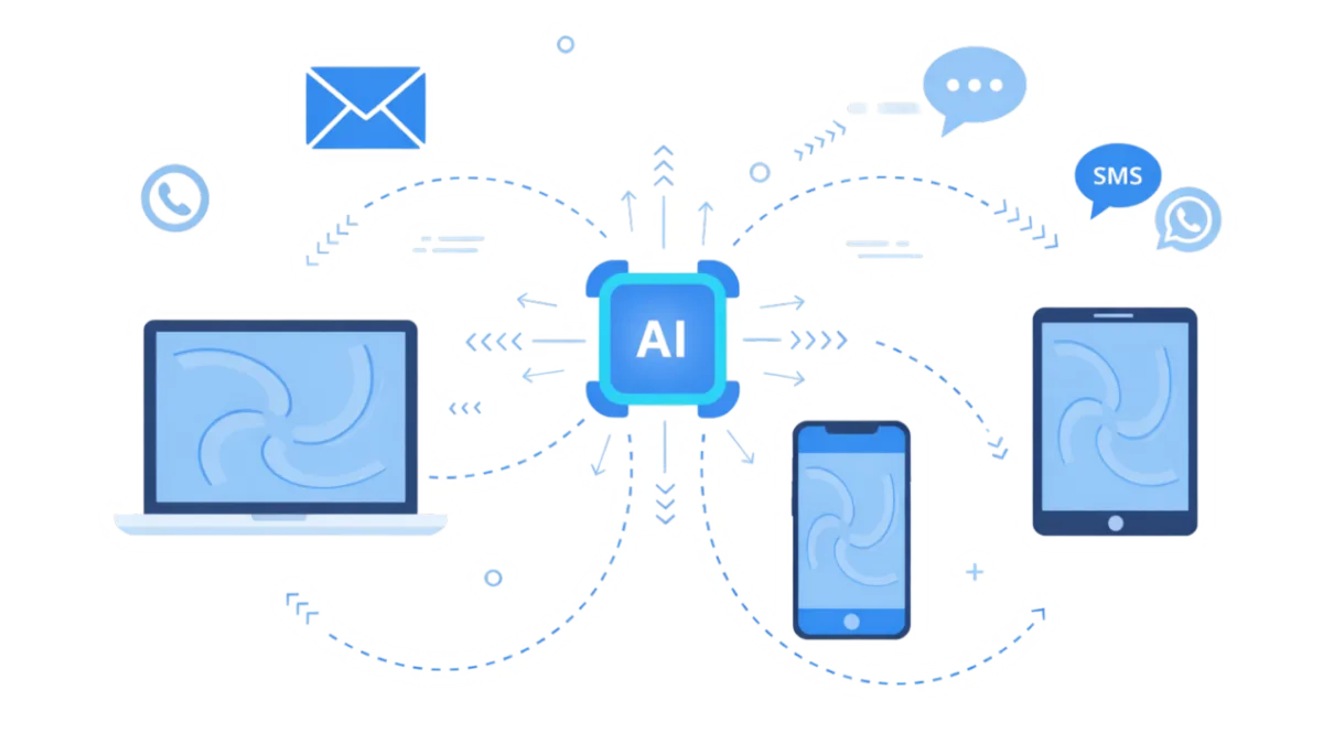 Illustratie van een AI die automatisch berichten verstuurt naar leads via verschillende kanalen, in een blauwe, moderne stijl