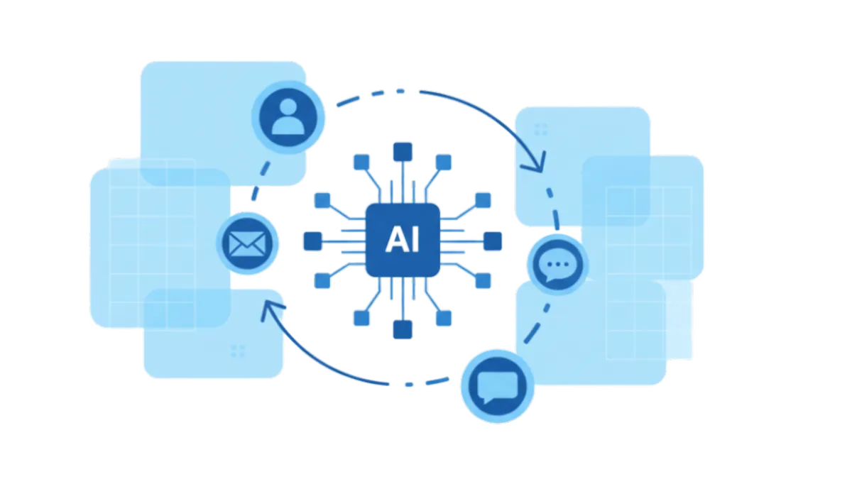 Illustratie van een AI die oude leads opnieuw benadert via digitale kanalen, met blauwe accenten en moderne stijl