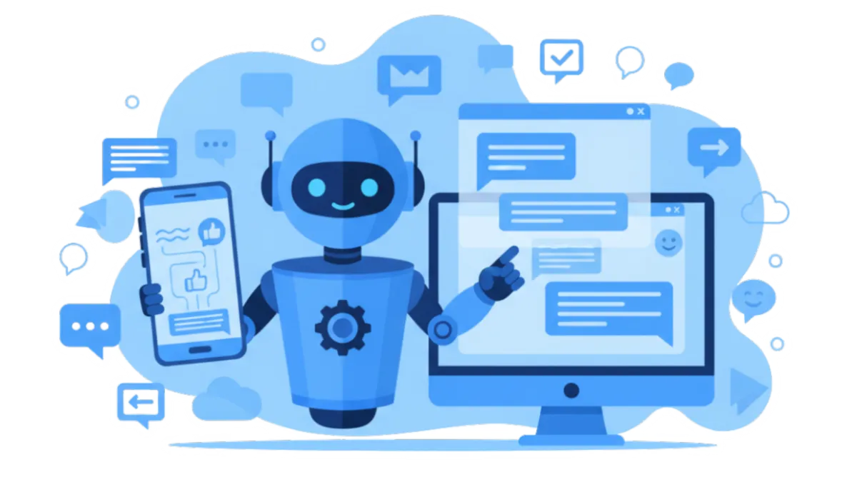 Illustratie van een AI-chatbot die berichten uitwisselt met klanten op verschillende apparaten, in een moderne blauwe stijl