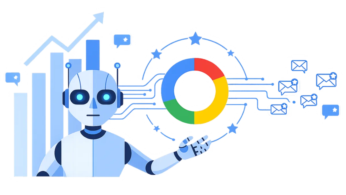 Illustratie van een AI die automatisch Google reviewverzoeken verstuurt, met sterren en blauwe digitale elementen