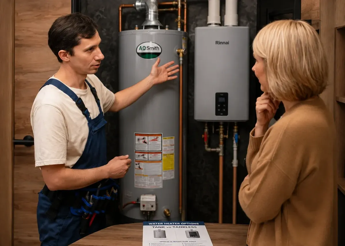Technician recommending a water heater replacement for an Austin homeowner