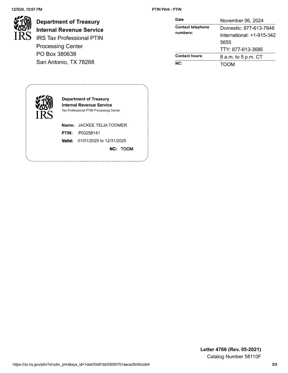 Proof of Jackee Toomers valid PTIN