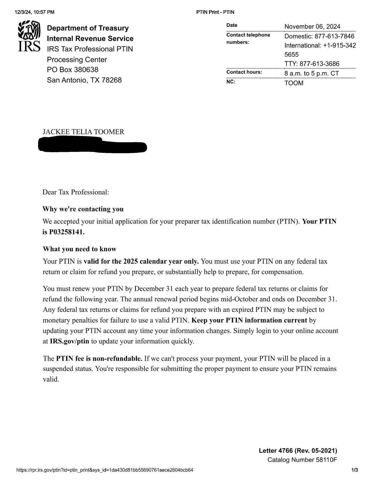 Jackee Toomers PTIN Page one