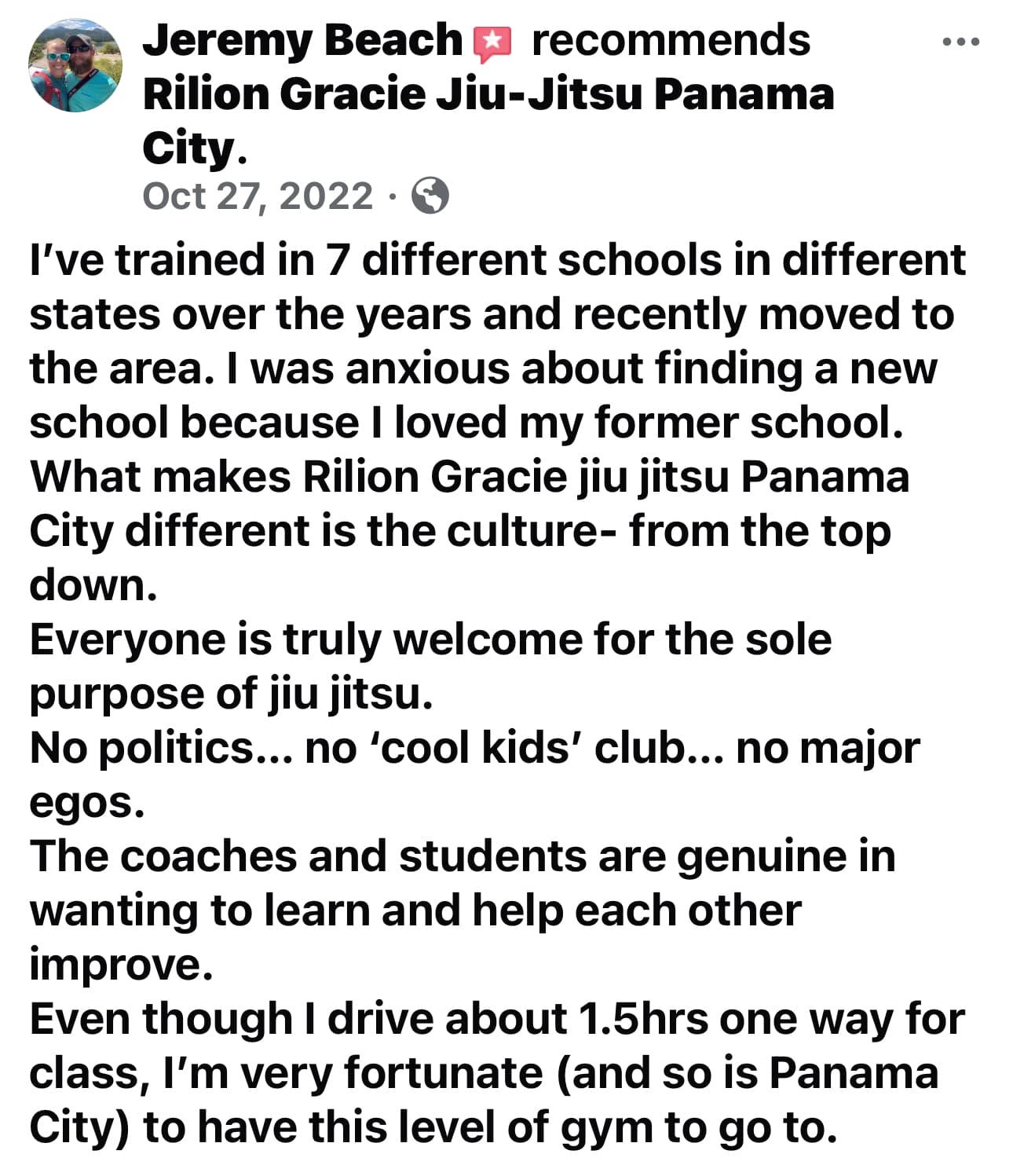 Google review from a Rilion Gracie BJJ student