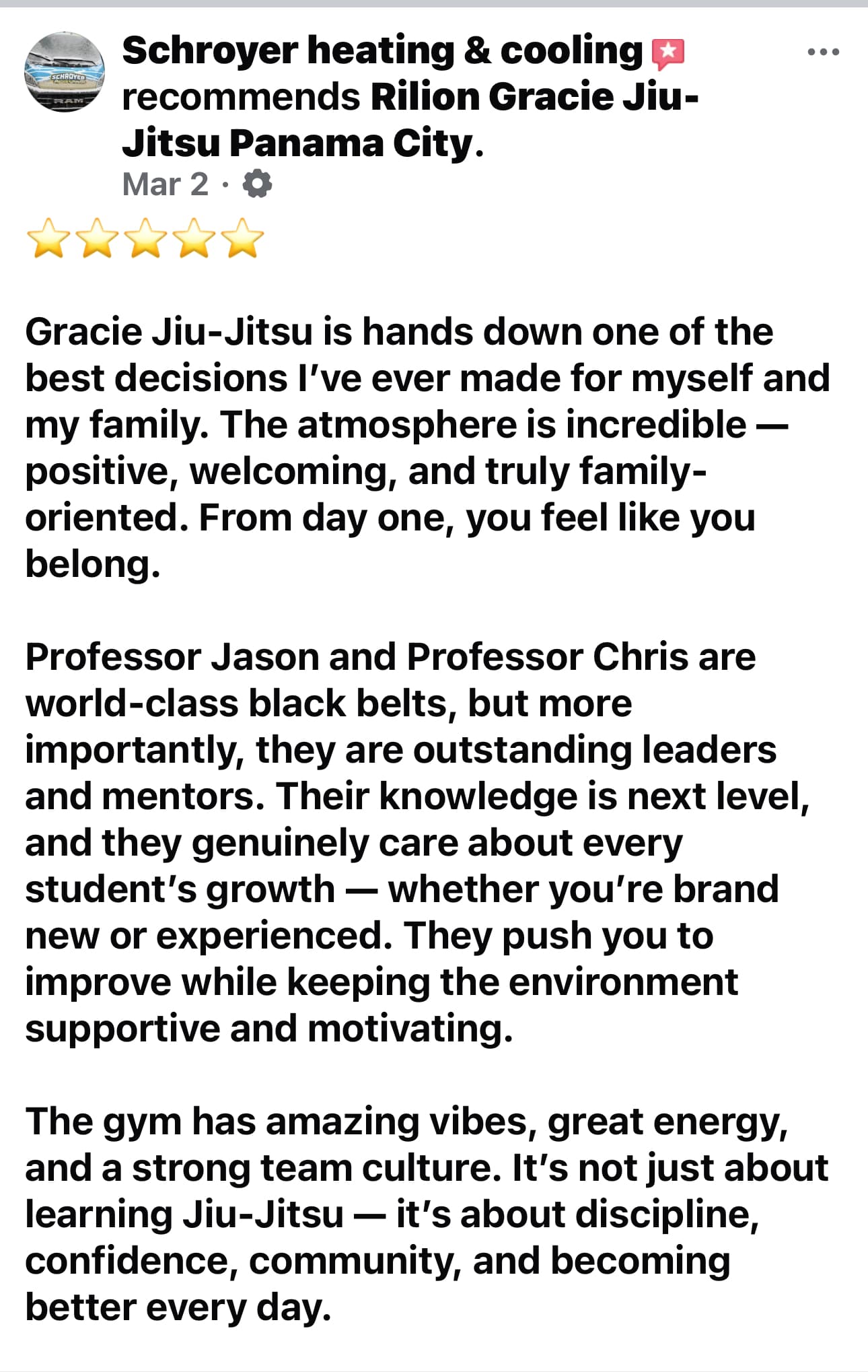 Google review from a Rilion Gracie BJJ student