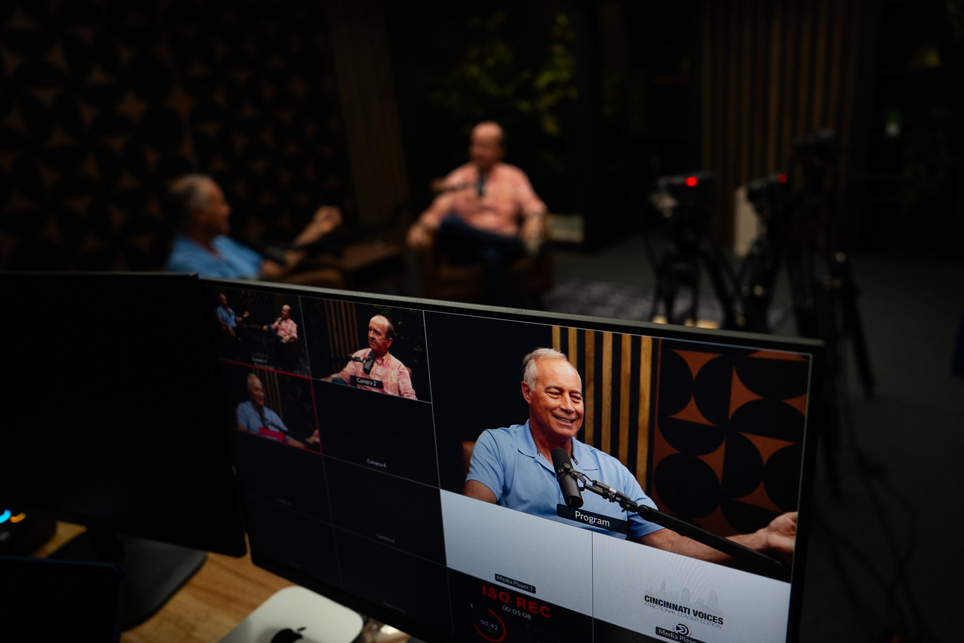 Video podcast recording session with broadcast-quality equipment