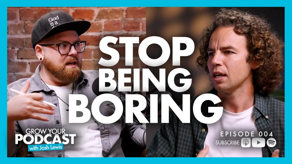 two guys talking on a podcast with the text "stop being boring" on top.