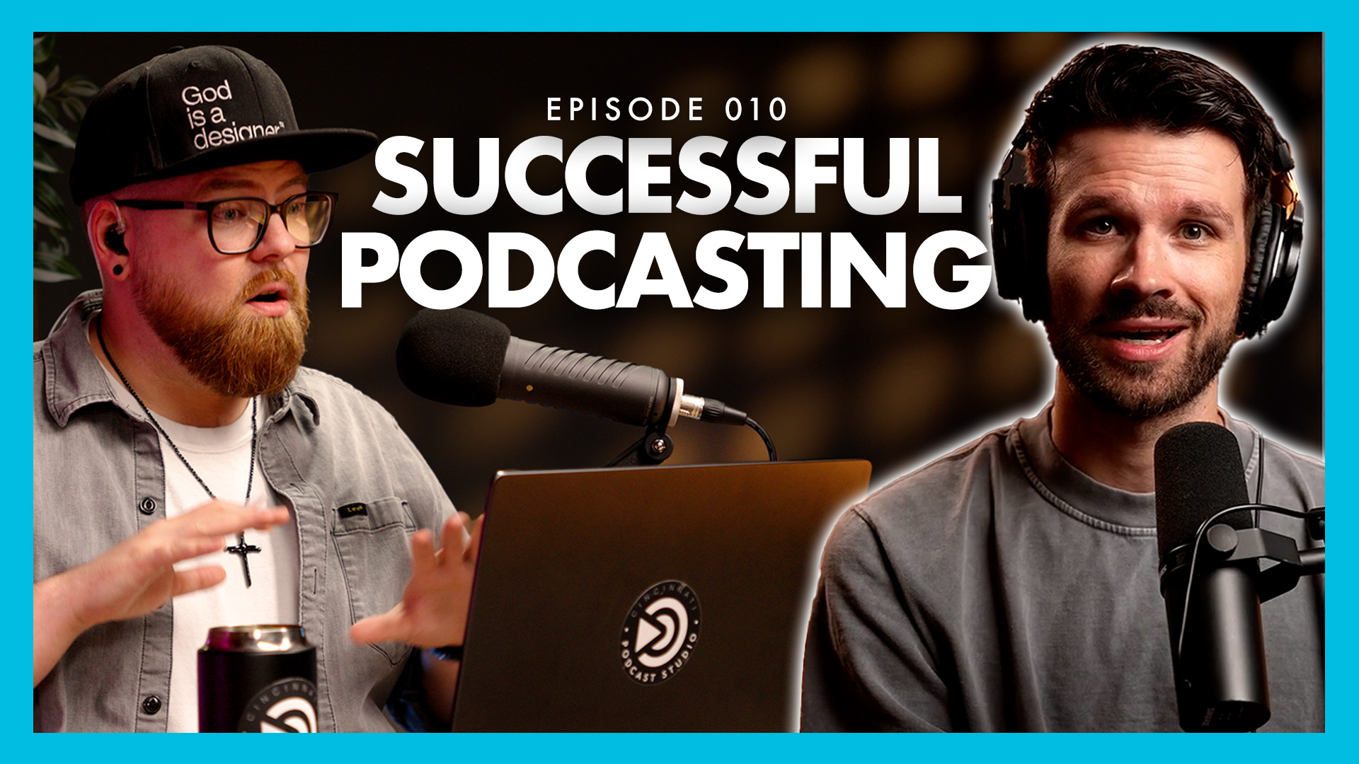 Two guys talk on a podcast with the title text "successful podcasting"