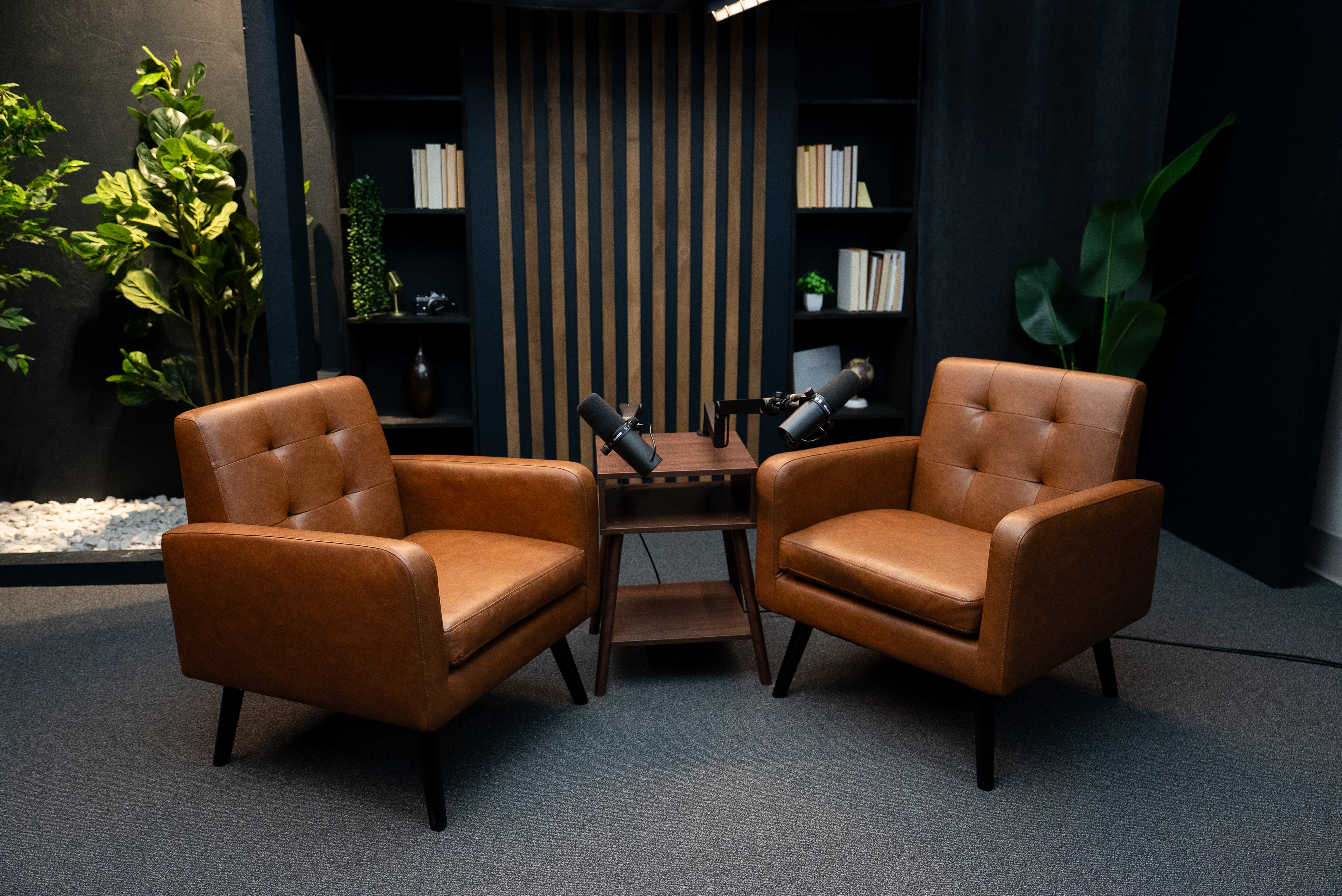 Interview chairs staged in a modern professional video recording studio in Cincinnati