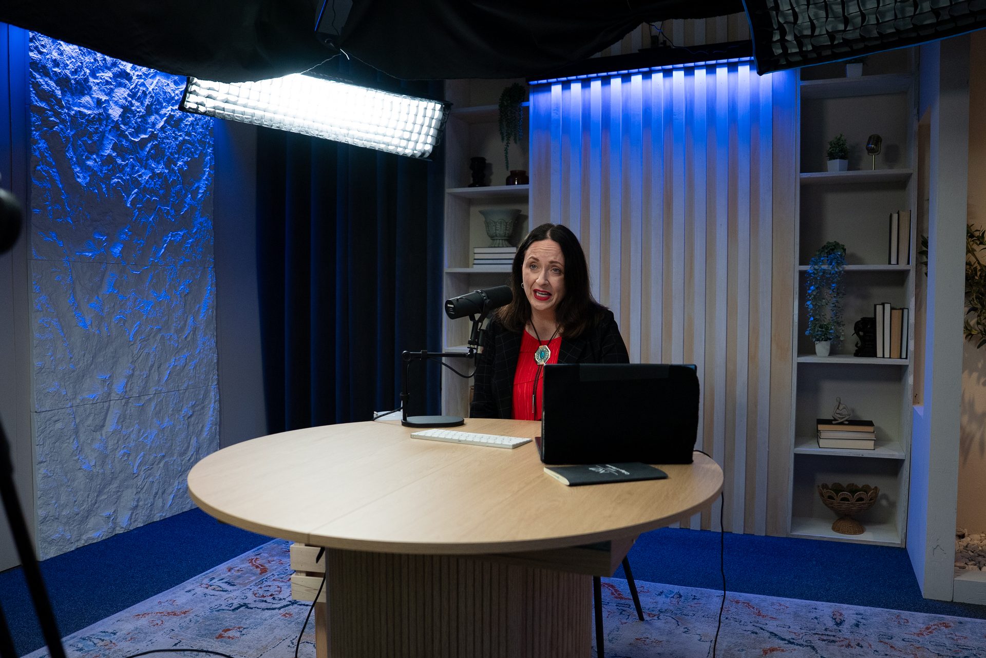 Studio space configured for a business video recording session