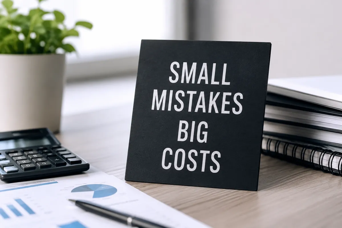Desk plaque that says small mistakes big costs