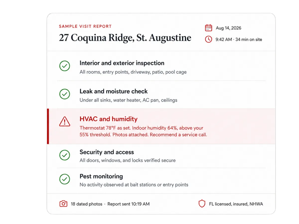 Sample visit report for St. Augustine Florida showing checklist of house checks