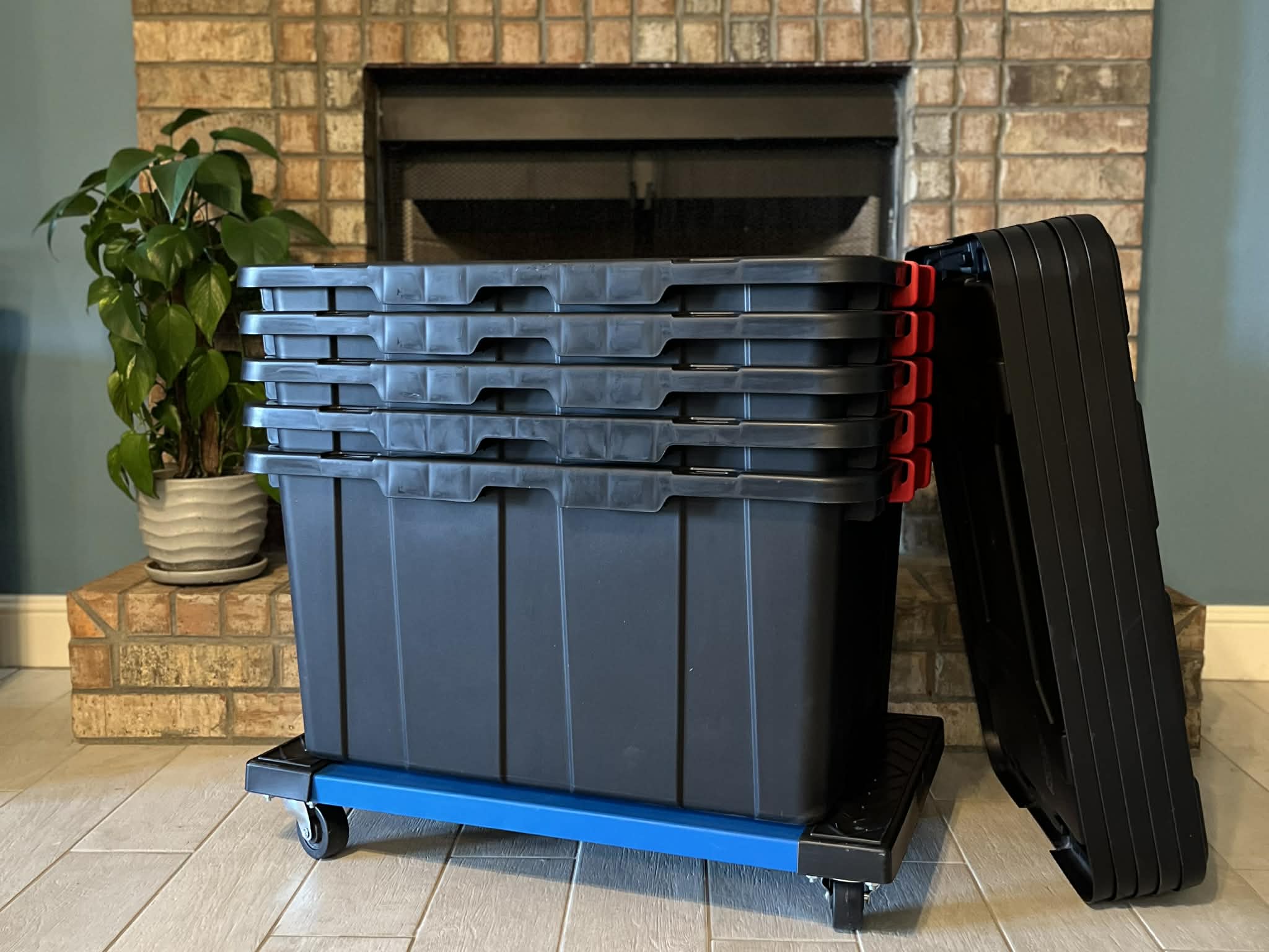 Reusable moving totes stacked neatly (placeholder)