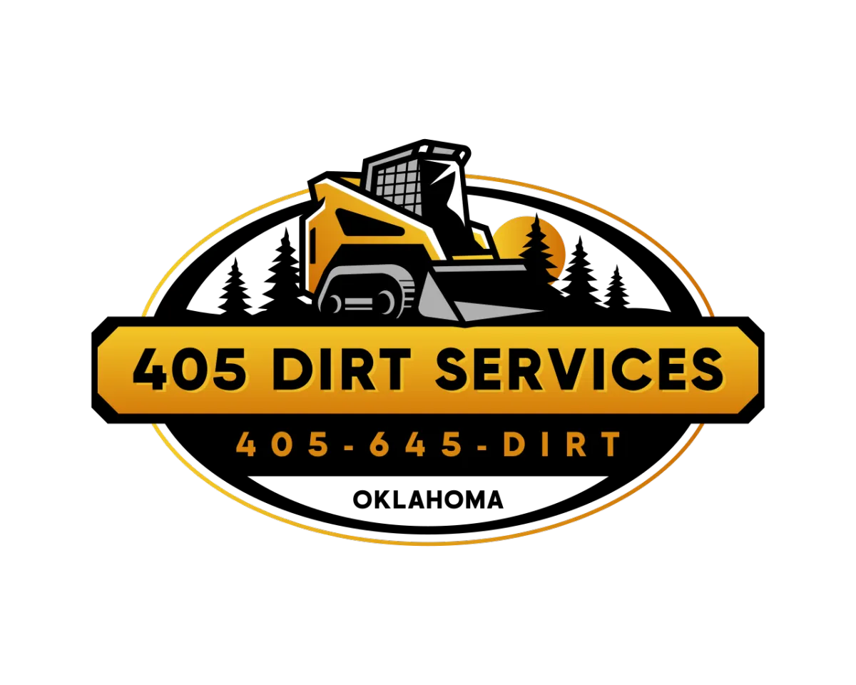 405 Dirt Services company logo featuring a yellow skid steer and sunset graphic with phone number, based in Oklahoma.