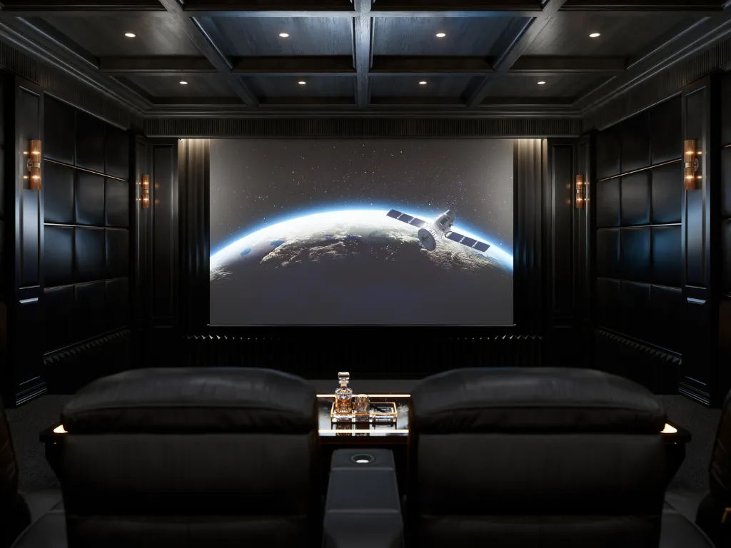 Cinéma privé de prestige avec des finitions haut de gamme et des équipements audiovisuels de pointe