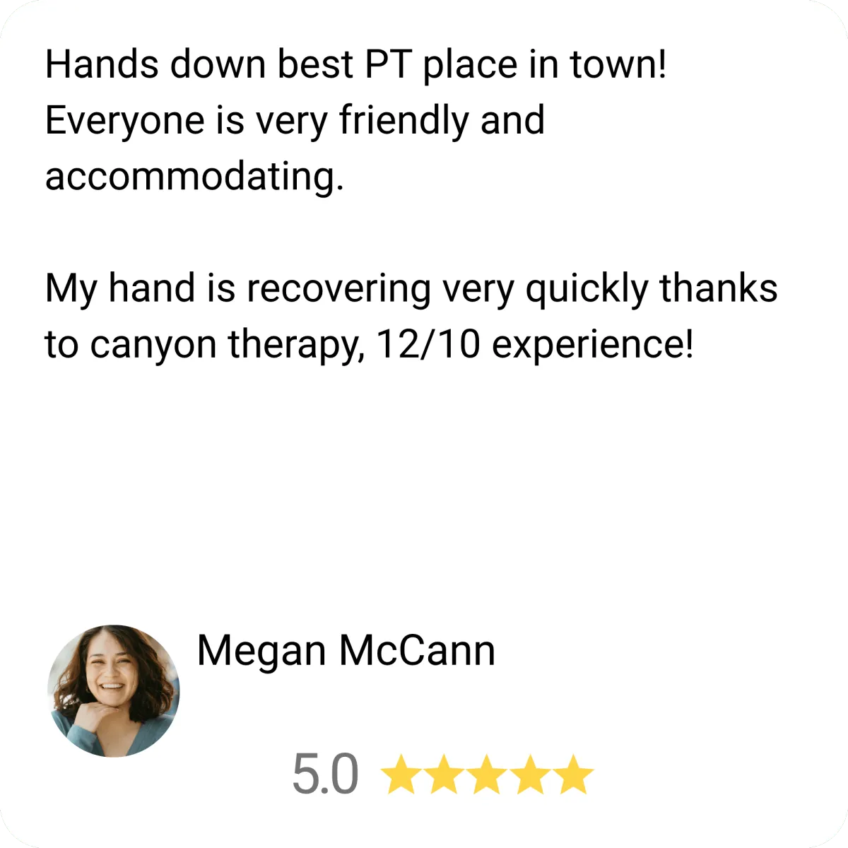Five star google review from megan mccann