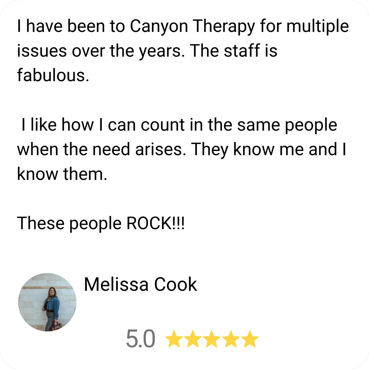 Five star google review from melissa cook