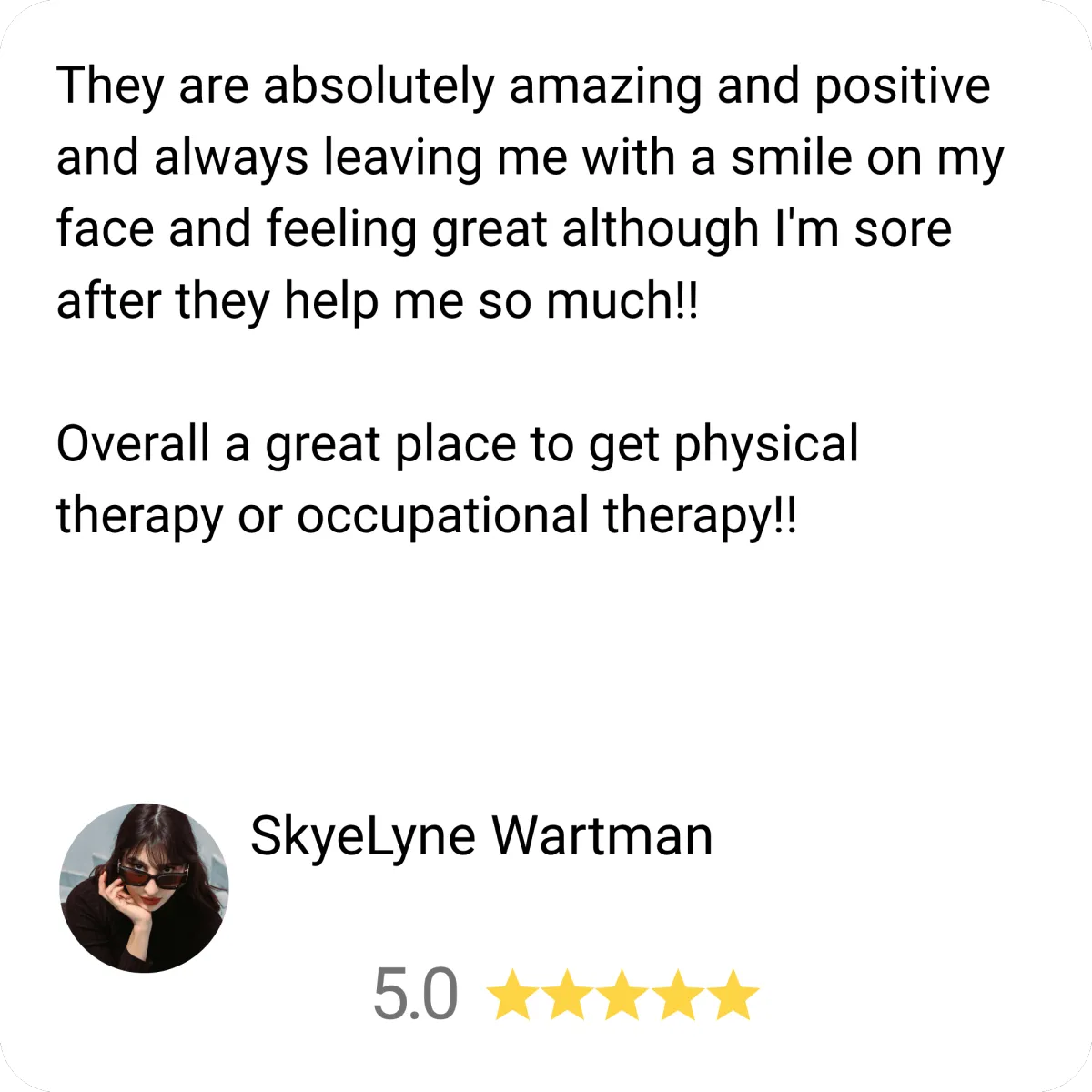 Five star google review from skyelyne wartman