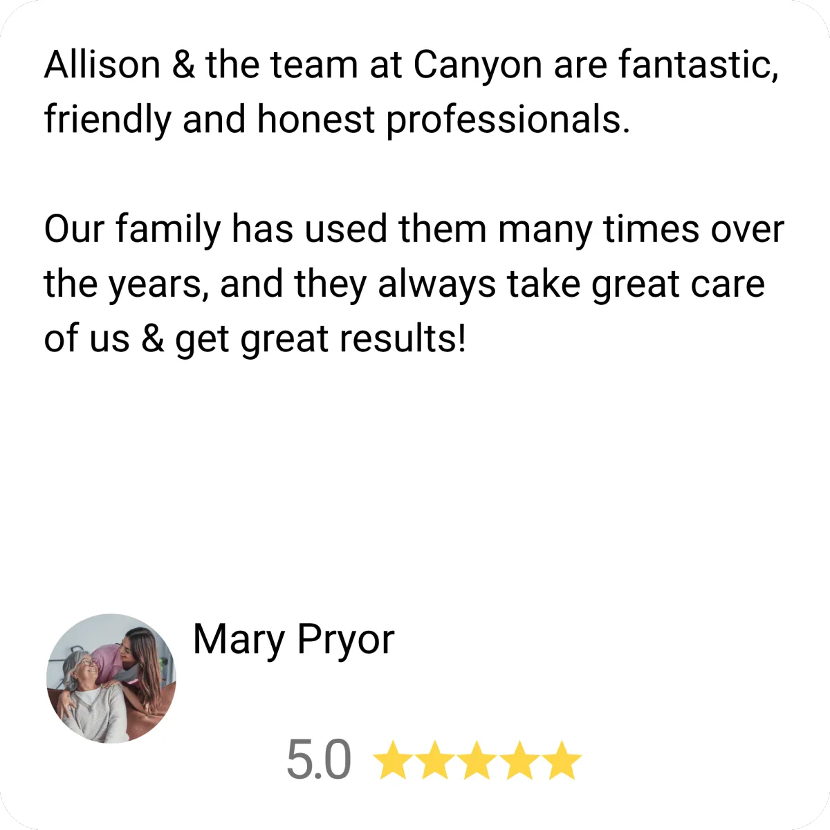 Five star google review from mary pryor