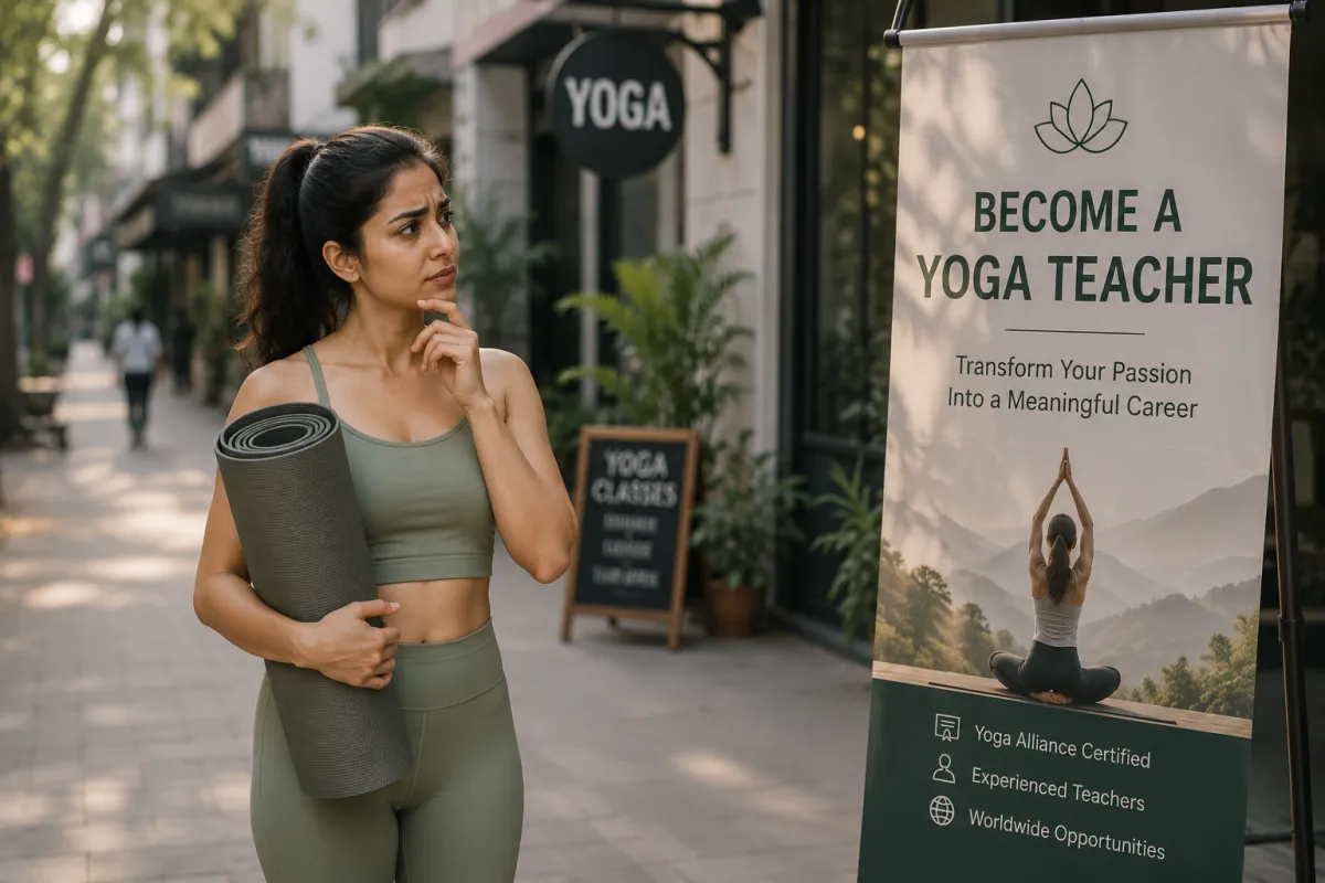 Woman in yoga attire holding a yoga mat while thoughtfully looking at a "Become a Yoga Teacher" banner outside a yoga studio.