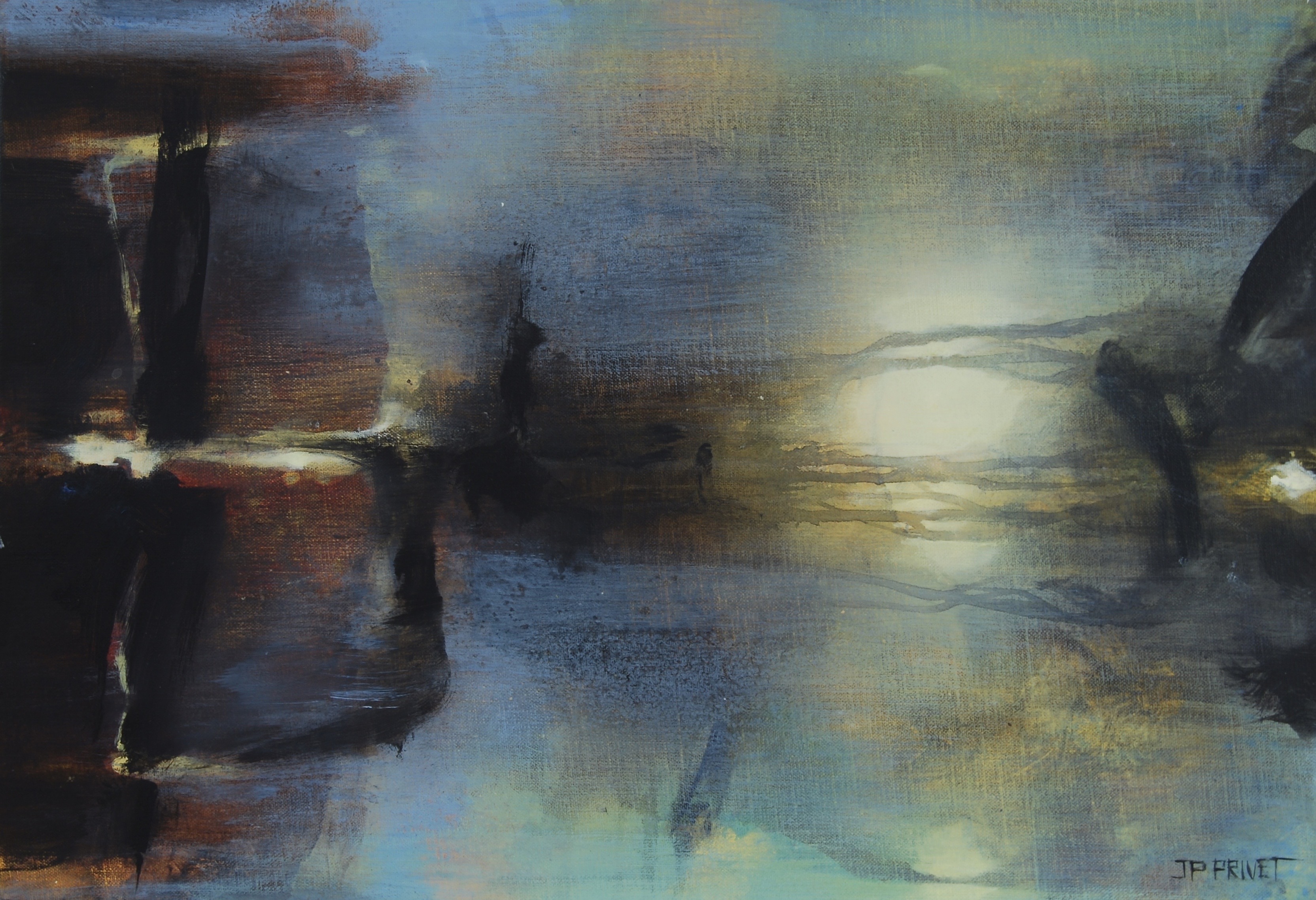 Abstraktes Kunstwerk „Land of Hope I“ von Jean-Paul Privet: vertikale Komposition in Acryl auf Holz mit erdigen Braun- und Grüntönen, aus denen ein heller, aufsteigender Lichtstrom Hoffnung, Wandel und innere Bewegung symbolisiert.