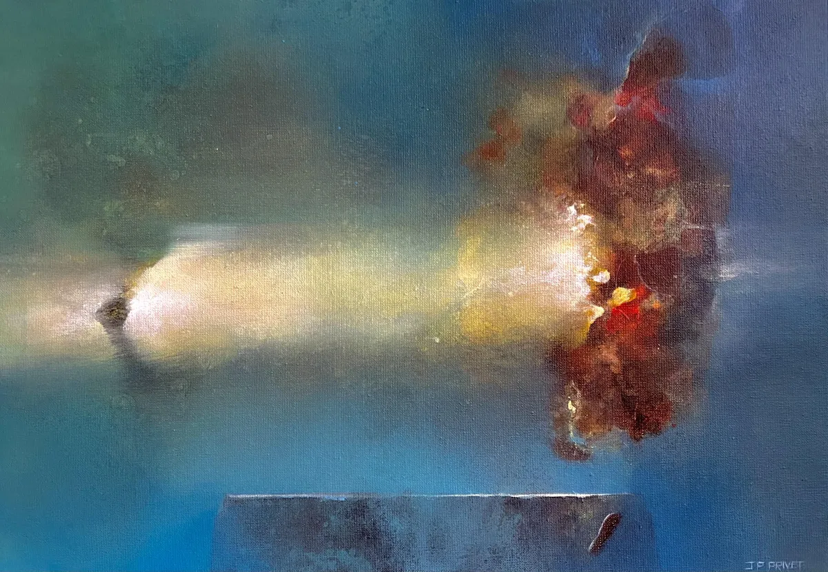 Abstraktes Acrylgemälde „Philaë“ von Jean-Paul Privet: leuchtende weiße Lichtspur trifft auf rot-goldene Farbexplosion vor blaugrünem Hintergrund, Acryl auf Leinwand.