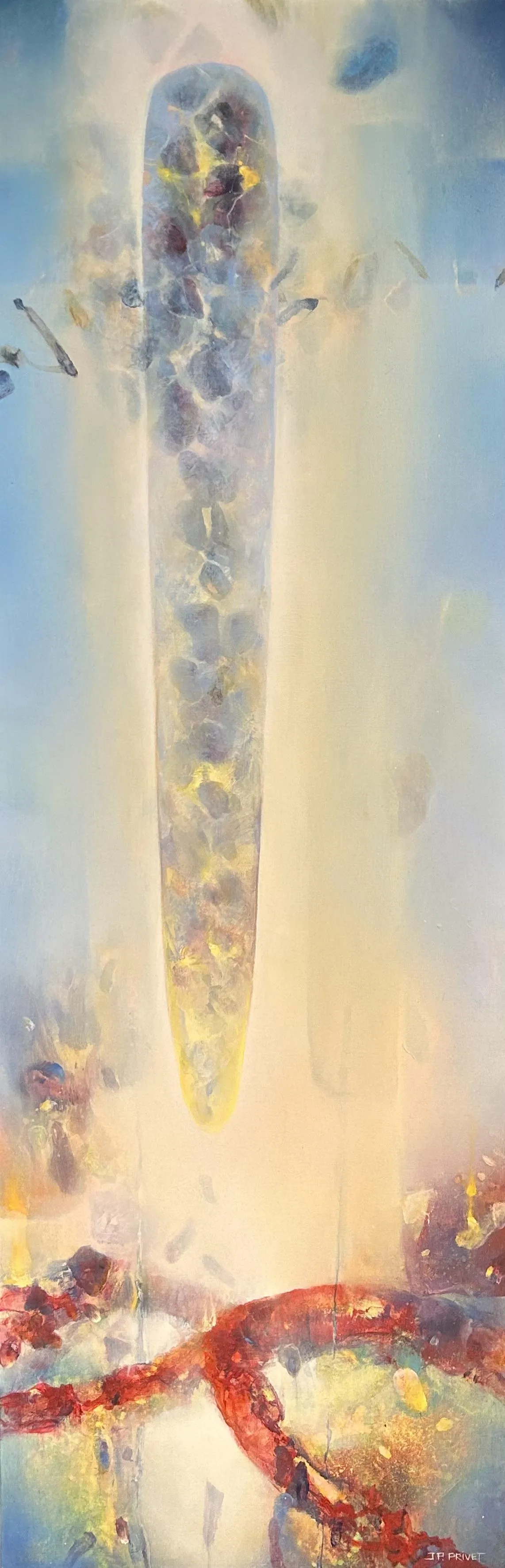 Abstraktes Acrylgemälde „Matinal“ (2018) von Jean-Paul Privet, 150×50 cm: vertikale, lichtdurchlässige Form in Blau-, Gelb- und Rottönen auf hellem Hintergrund, Acryl auf Leinwand.