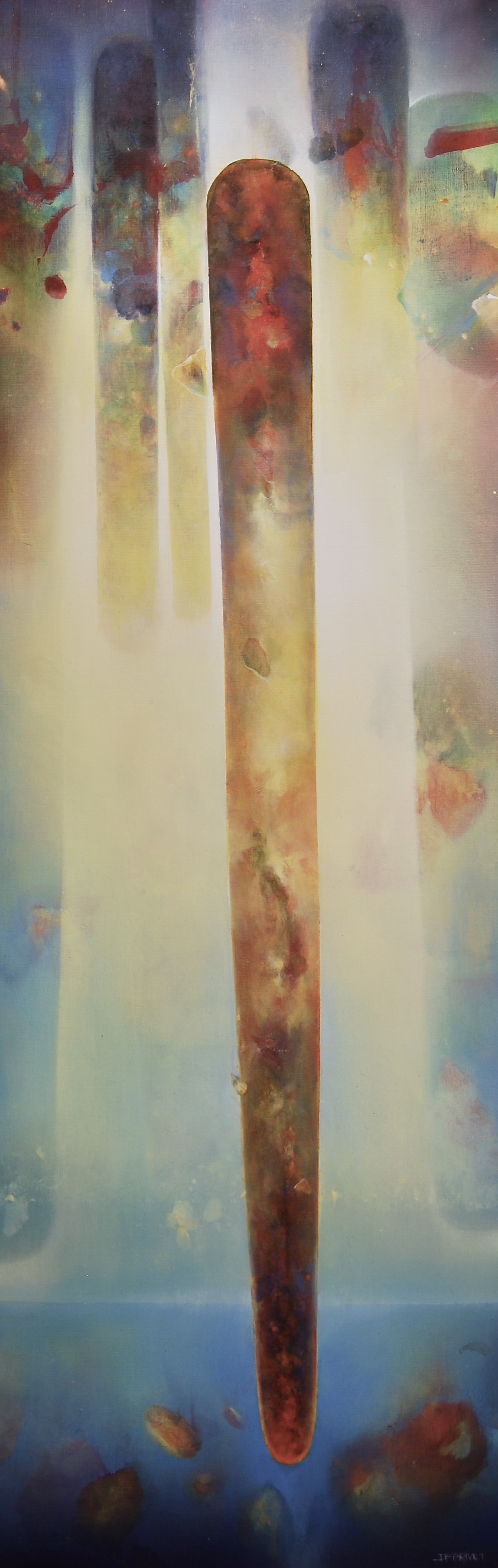 Abstraktes Acrylgemälde „Zénithal“ (2018) von Jean-Paul Privet, 150×50 cm: zentrale vertikale Form in warmen Rot- und Erdtönen vor hellem Blau, Acryl auf Leinwand.