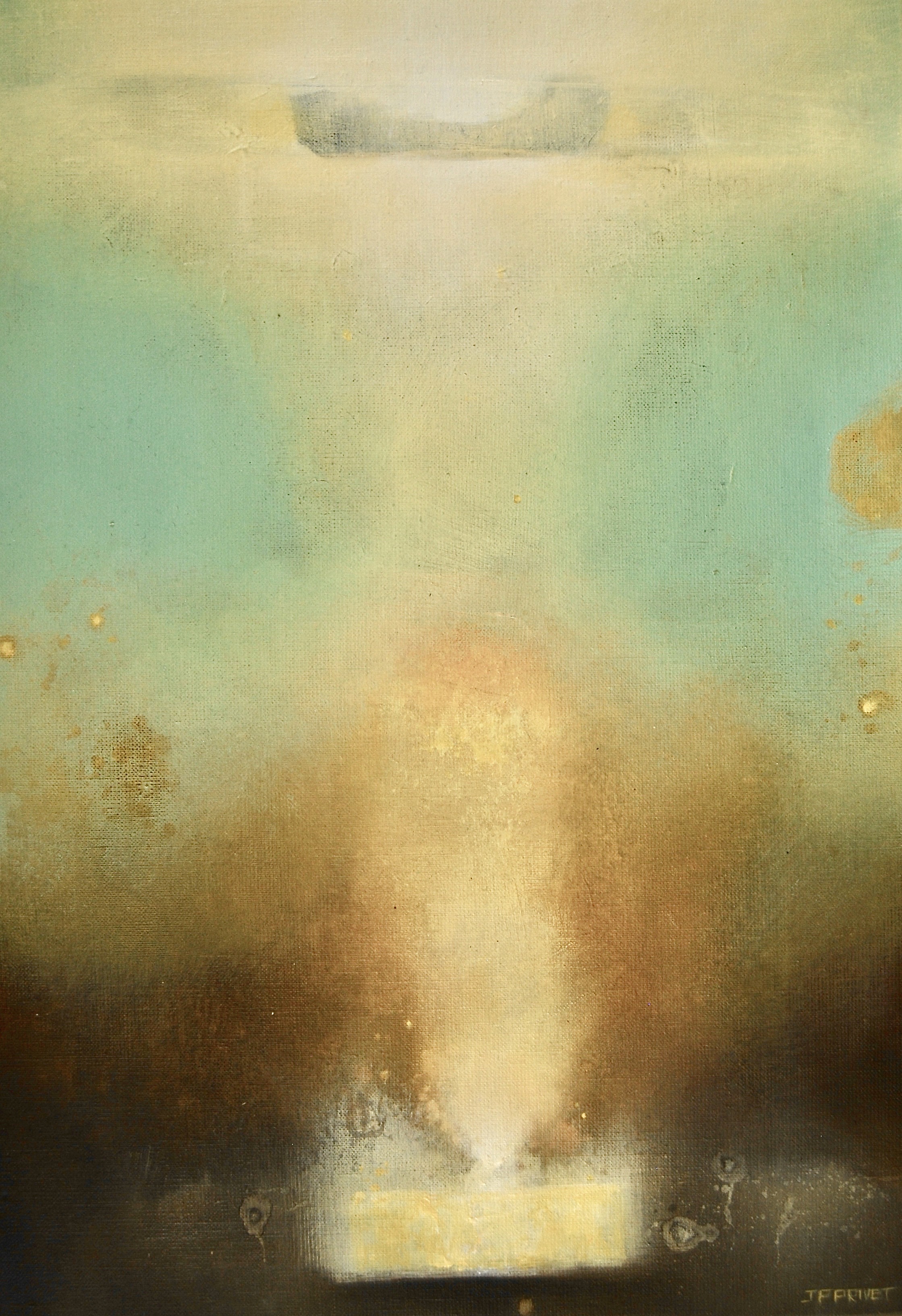 Abstraktes Acrylgemälde „Transmutation III“ (2023) von Jean-Paul Privet, 55 × 38 cm: aufsteigender Lichtkern in Gold- und Erdtönen vor ruhigem blaugrünem Hintergrund, Acryl auf Leinwand.