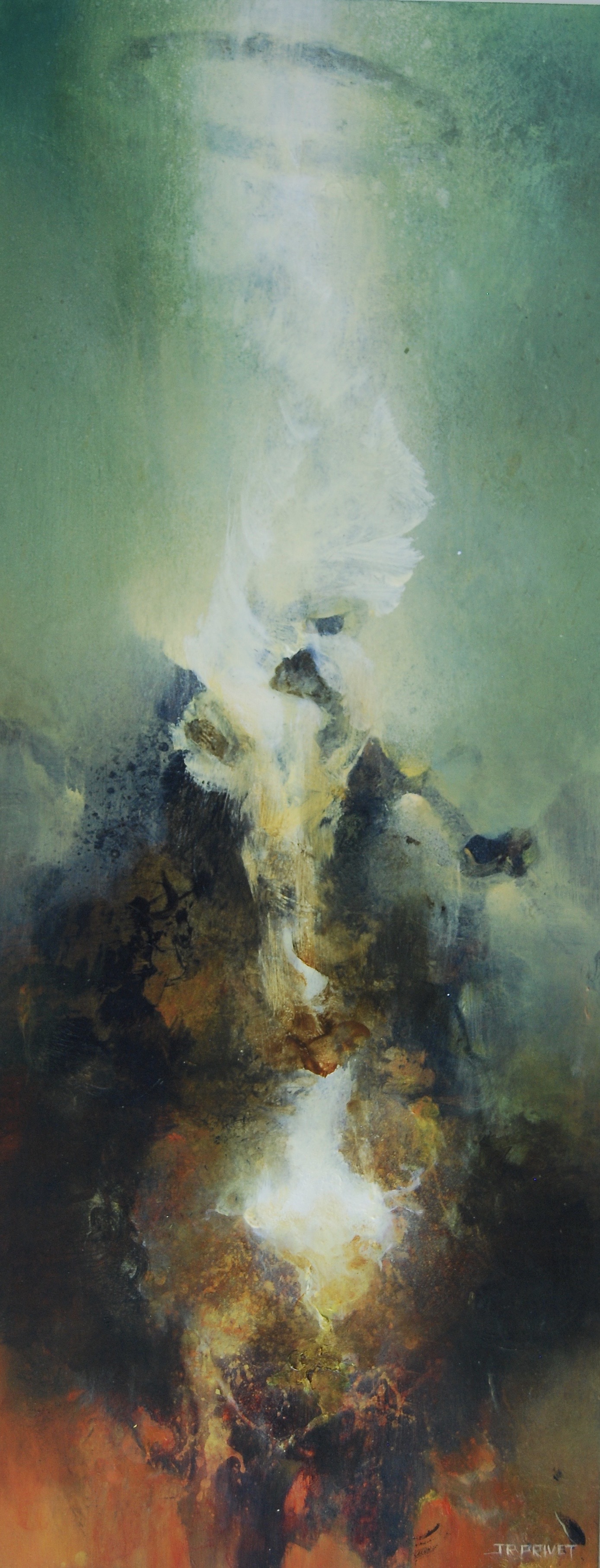 Abstraktes Werk „Terre d’espoir I“ (2023) von Jean-Paul Privet, Acryl auf Holz, 58 × 23,5 cm: vertikale Komposition mit erdigen Braun- und Grüntönen, aus der ein heller Lichtstrom nach oben aufsteigt und Hoffnung sowie Transformation symbolisiert.