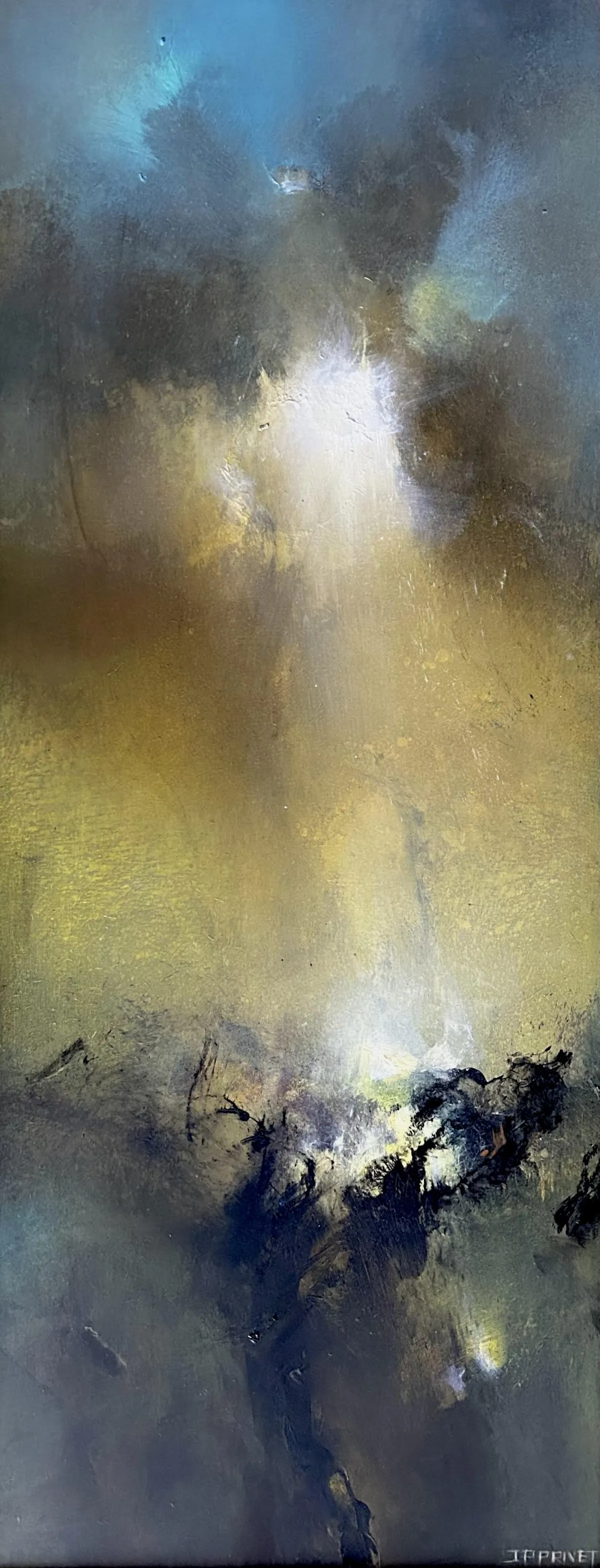 Abstraktes Werk „Terre d’espoir II“ (2023) von Jean-Paul Privet, Acryl auf Holz, 58 × 23,5 cm: leuchtender vertikaler Lichtkern in Gold- und Gelbtönen vor dunkleren Blau- und Erdtönen, Ausdruck von Hoffnung und Aufstieg.