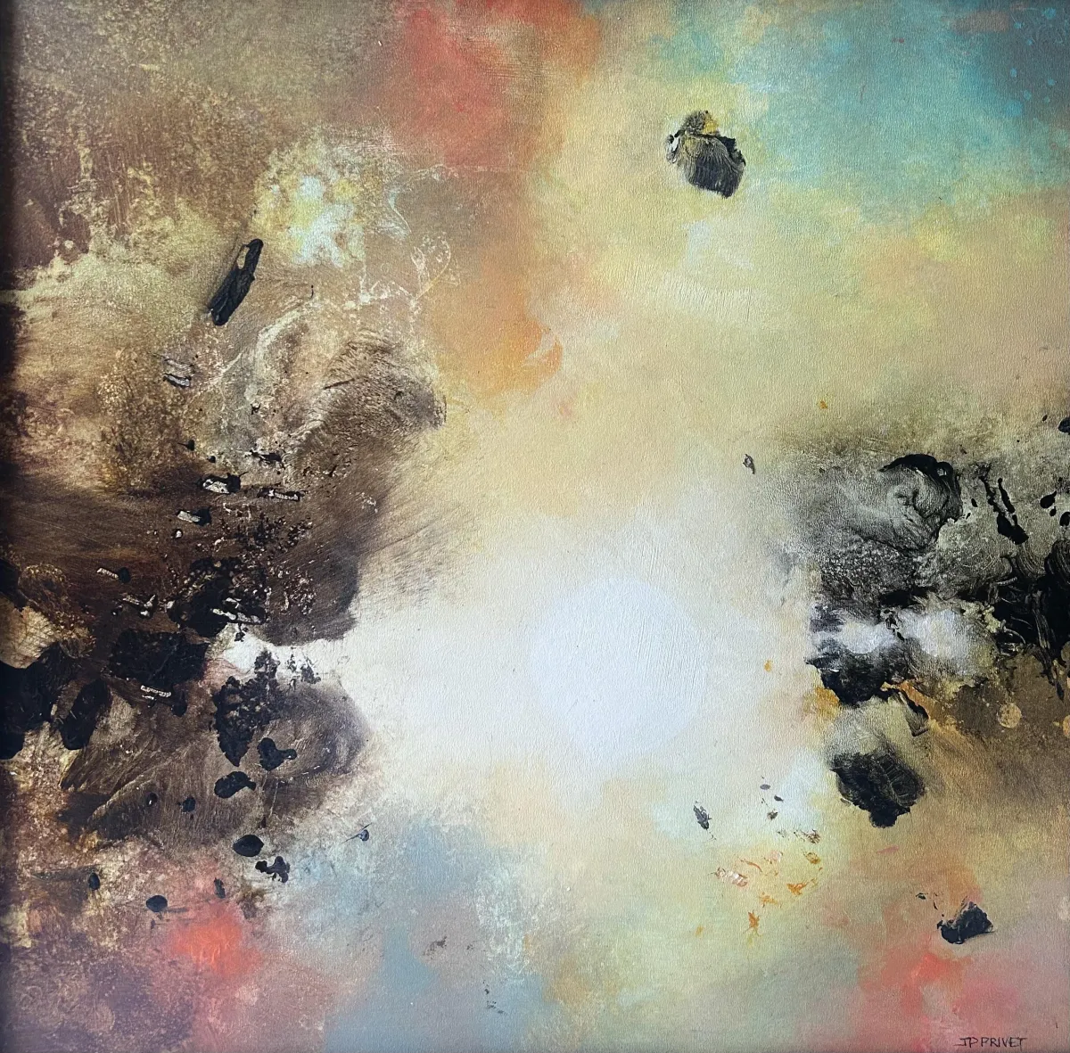 Abstraktes Werk „Square of Sky II“ (2025) von Jean-Paul Privet, Acryl auf Holz, 30 × 30 cm: leuchtendes helles Zentrum, umgeben von erdigen Braun-, Schwarz- und Goldstrukturen mit sanften Blau- und Rosétönen, Ausdruck von Licht, Tiefe und Offenheit.