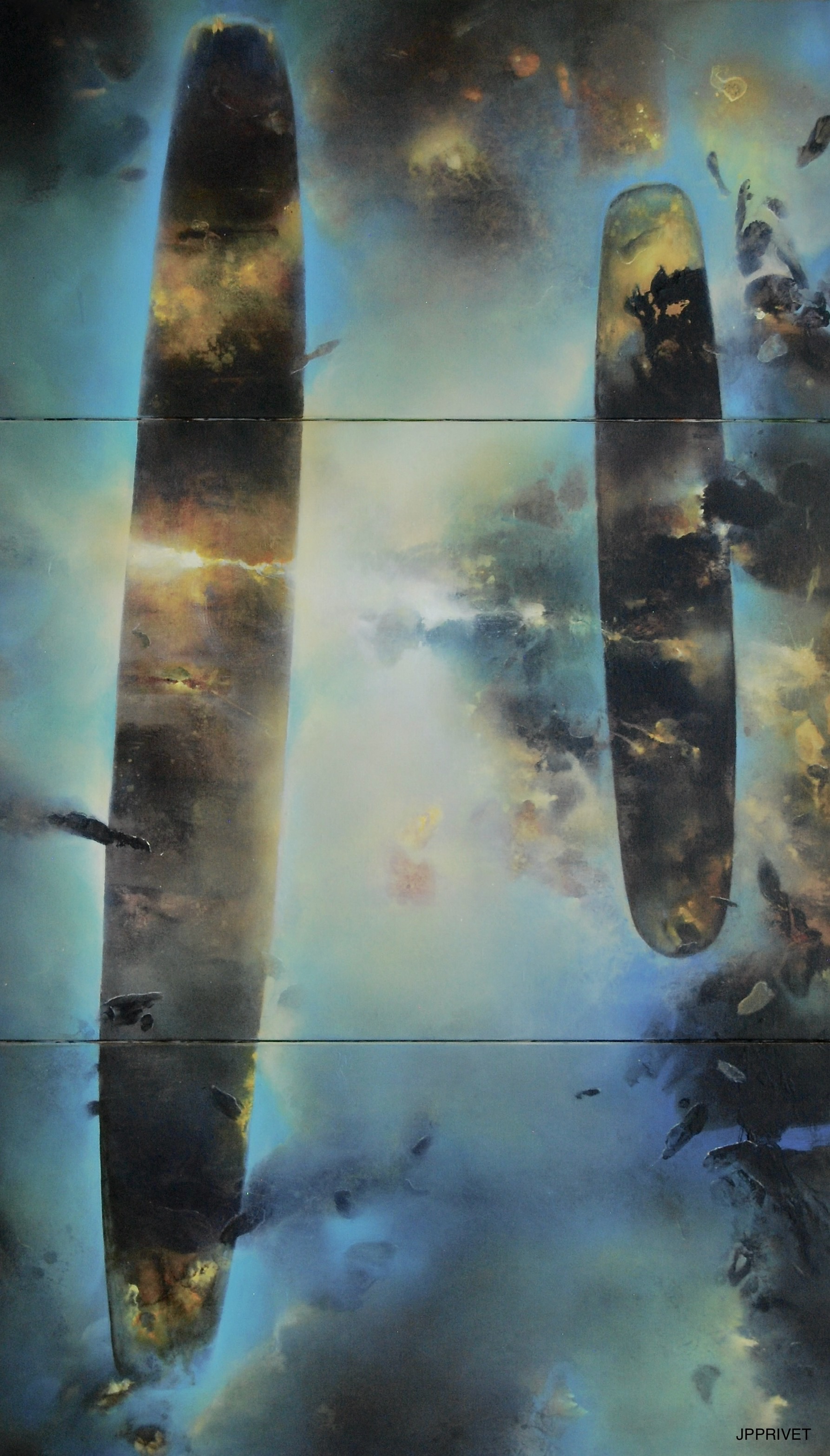 Abstraktes Triptychon „Those Who Watch Over“ (2021) von Jean-Paul Privet, Acryl auf Leinwand, 170 × 100 cm: dunkle vertikale Formen vor leuchtend blauem Hintergrund, atmosphärische Licht- und Tiefenwirkung.