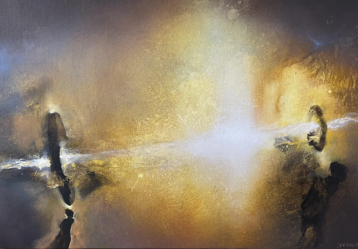 Abstraktes Acrylgemälde „Bearers of Light“ (2025) von Jean-Paul Privet, 38 × 55 cm: zwei dunkle, figurenhafte Formen flankieren ein leuchtendes Zentrum in Gold- und Weißtönen, Acryl auf Leinwand, Symbol für Licht und Verbindung.