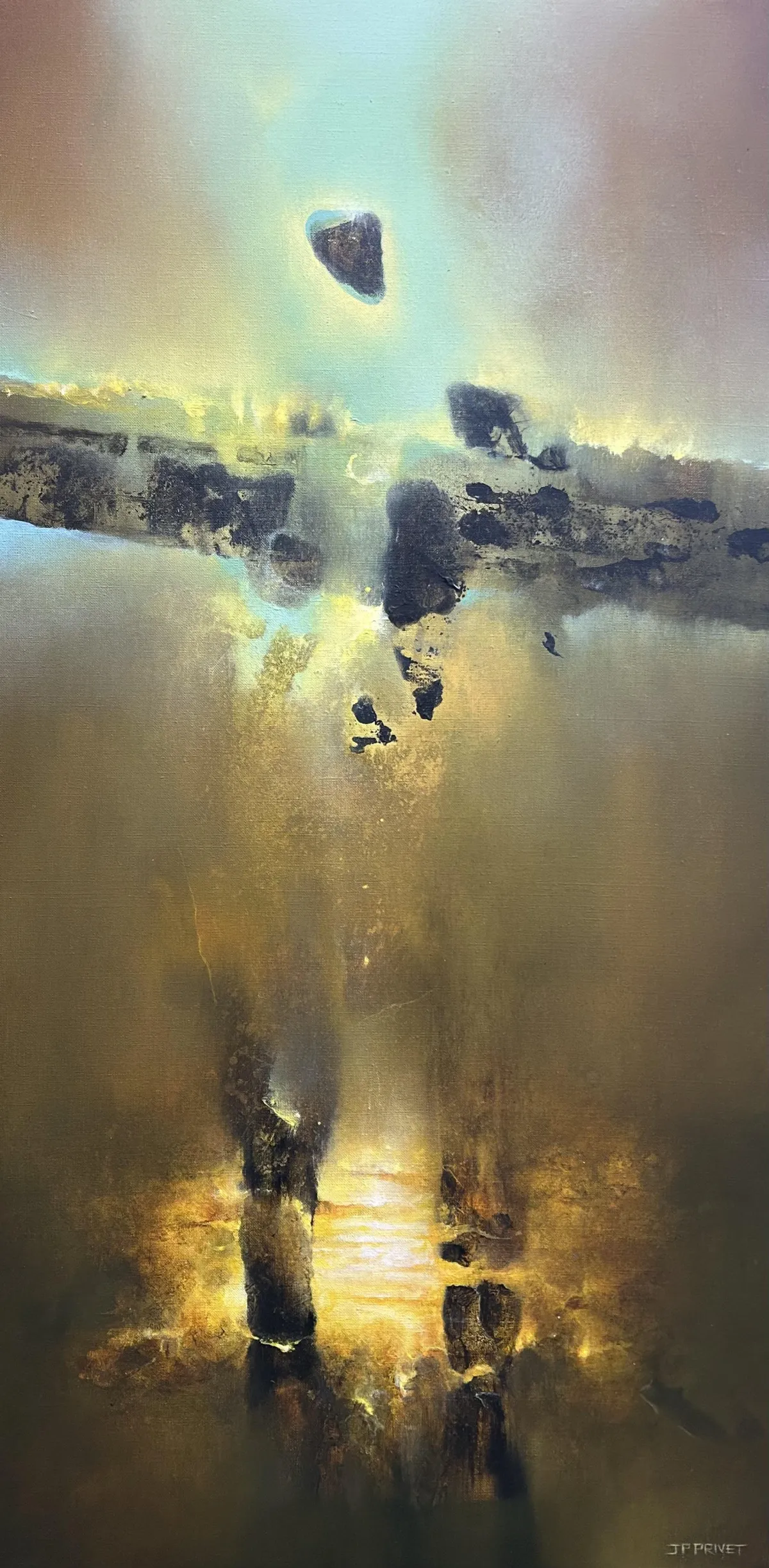 Abstraktes Acrylgemälde „Signs of the Times II“ (2024) von Jean-Paul Privet, 100 × 50 cm: vertikale, figurenhafte Spuren und schwebende Fragmente in warmen Gold- und Brauntönen vor hellem, lichtdurchzogenem Hintergrund, Acryl auf Leinwand.