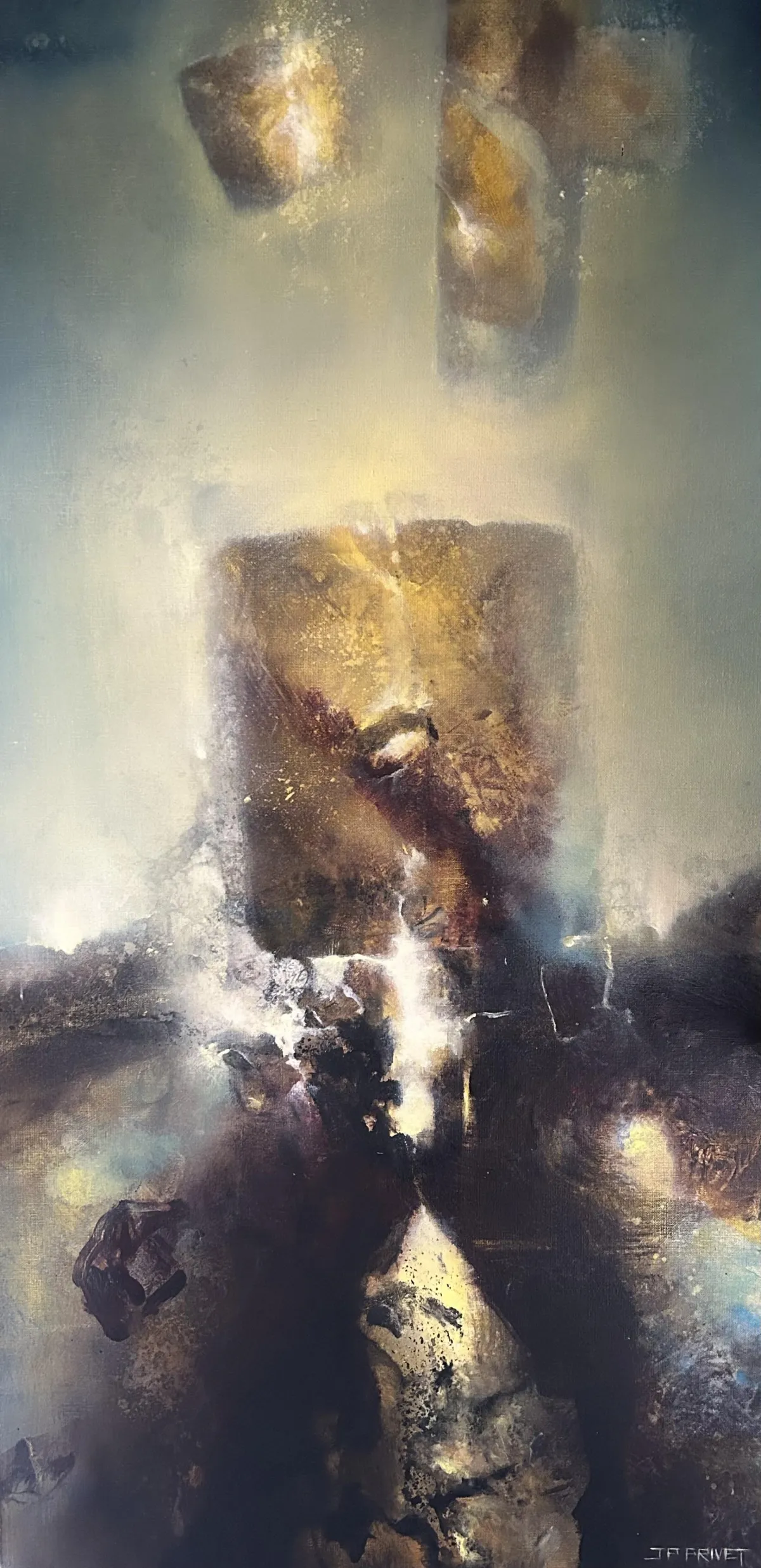 Abstraktes Acrylgemälde „The New World“ (2021) von Jean-Paul Privet, 100 × 50 cm: verdichtete, figurenhafte Form aus dunklen Erd- und Goldtönen, durchzogen von hellem Licht, Symbol für Übergang, Erneuerung und Transformation, Acryl auf Leinwand.