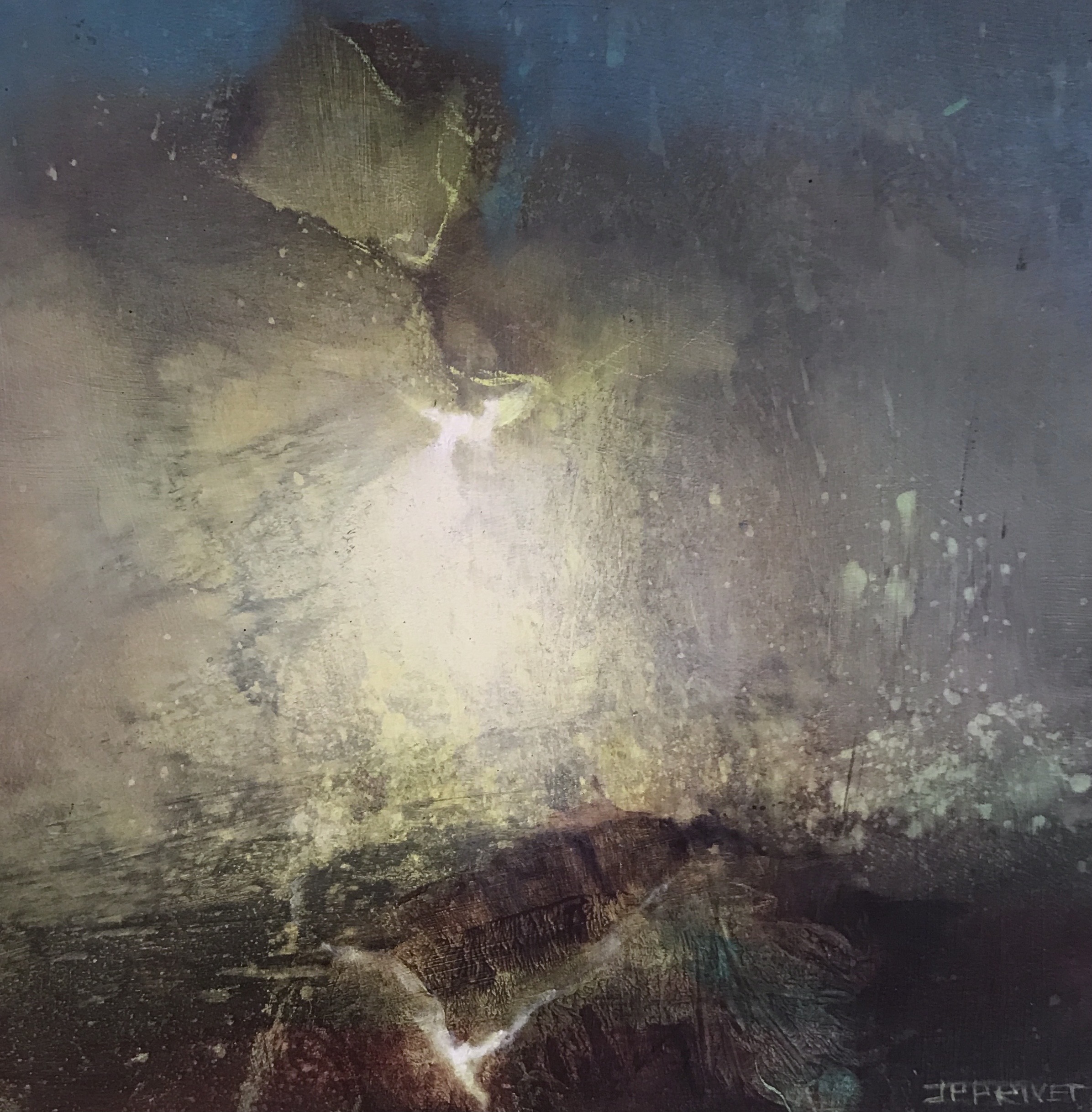 Abstraktes Werk „Messenger I“ (2018) von Jean-Paul Privet, Acryl auf Holz, 20 × 20 cm: sanfter Lichtimpuls steigt aus dunklen, erdigen Farbschichten empor, feine Texturen und gedämpfte Blau- und Ockertöne, stille symbolische Atmosphäre.