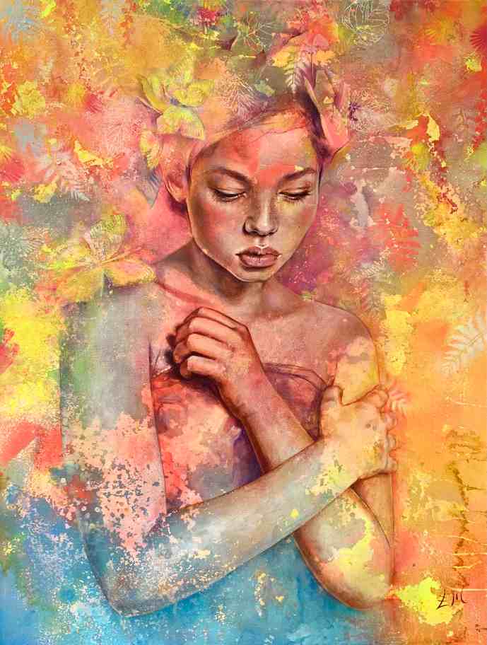 Gemälde eines nachdenklichen jungen Porträts mit gesenktem Blick und verschränkten Armen; umgeben von warmen Gelb-, Orange- und Rosatönen mit zarten Blatt- und Farbspritzer-Überlagerungen (Esther Martínez, 2024).